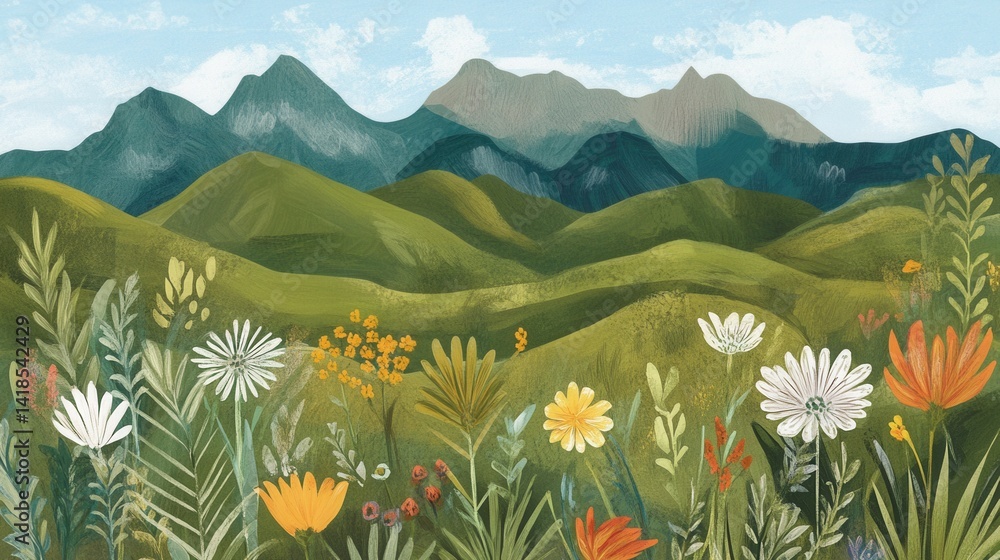 Obraz premium Vivid meadow blooms before hazy mountains under a bright whimsical sky
