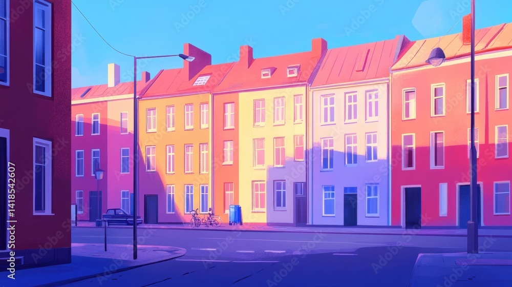 Vivid row houses bask in the suns glow casting long shadows on a quiet street Vivid row houses bask in the suns glow casting long shadows on a quiet street