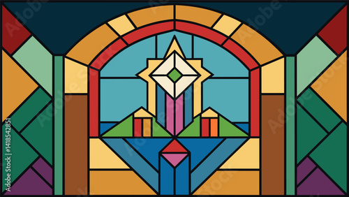 A subtle nod to modern design as a small section of the stained glass window features contemporary geometric shapes amidst a more traditional biblical. Vector illustration