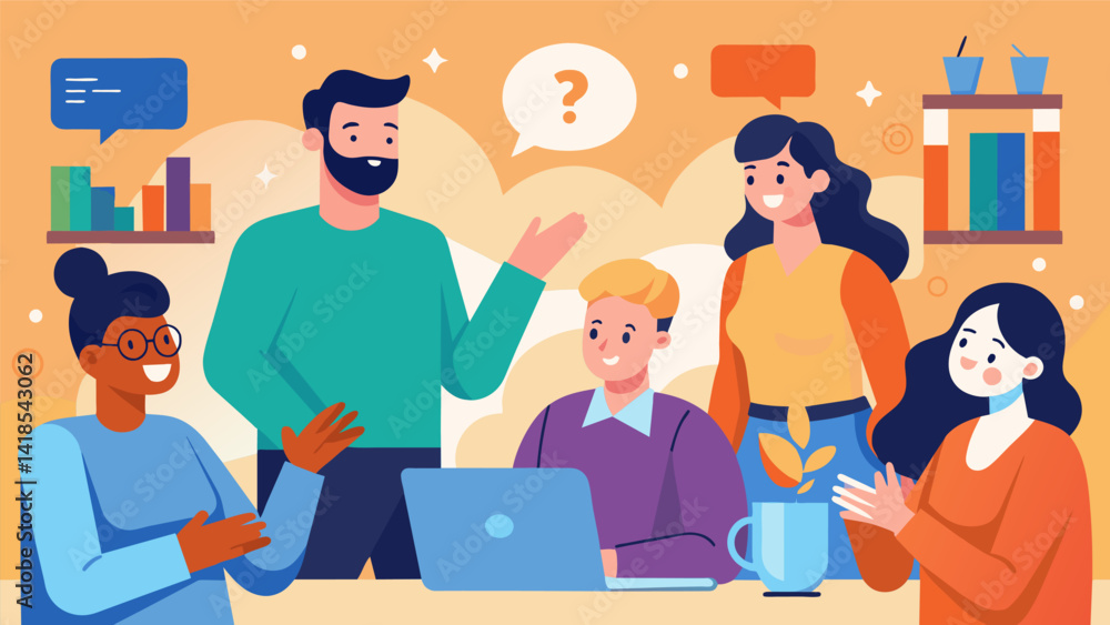 A warm and welcoming environment is created as participants are encouraged to ask questions and engage in active listening.. Vector illustration A warm and welcoming environment is created as participants are encouraged to ask questions and engage in active listening.. Vector illustration