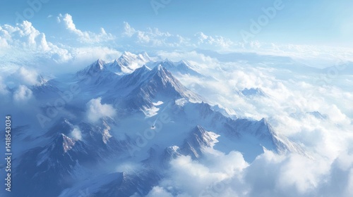 Majestic Mountain Range Surrounded by Soft Clouds and Clear Sky