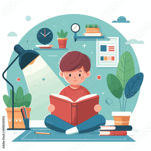 vector image of a child reading a book diligently