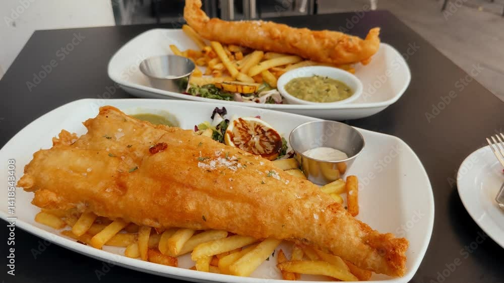 Delicious fish and chips served on white plates with sauces and lemon on a black table