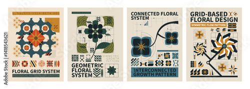 Floral Design Quartet: A curated series of eye-catching poster designs, each showcasing unique floral grid systems and geometric compositions.