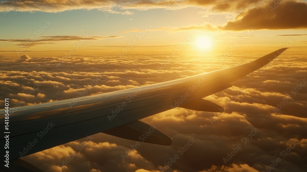 Naklejka premium Serene Sunset View from an Airplane Wing Above Fluffy Clouds