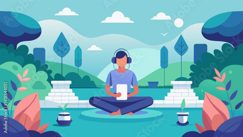 A meditation garden with tranquil music and guided prompts perfect for a mental break and a chance to unplug from screens.. Vector illustration
