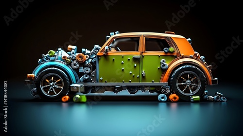 Colorful vintage car surrounded by various colorful objects, set against a dark background
