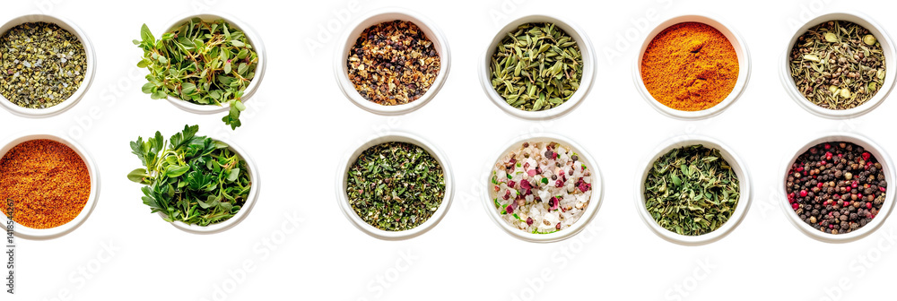 Assorted Culinary Spices Displayed in Multiple Small Cups on transparent backround Assorted Culinary Spices Displayed in Multiple Small Cups on transparent backround