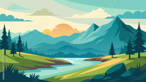 A sketch of a serene nature landscape with the artists pencil strokes imbuing a sense of peace and tranquility onto paper.. Vector illustration