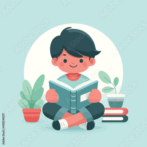 vector image of a child reading a book diligently