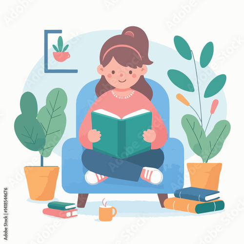 vector image of a child reading a book diligently
