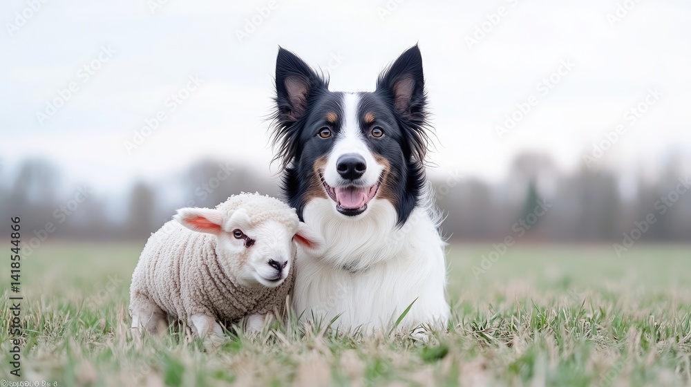 Fototapeta premium Dog and lamb in field