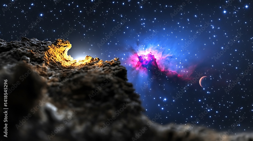 Fototapeta premium Cosmic Landscape with Stellar Nebula and Rocky Foreground Illuminated by Starlight