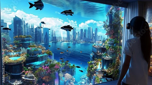 Young girl gazing at a vibrant underwater cityscape through a window