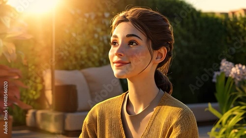 Young woman in a garden enjoying sunlight, surrounded by greenery