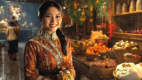 Young woman in traditional attire smiles at a vibrant market filled with fruits and spices