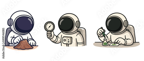 Cartoon astronauts conducting geological experiments set with magnifying glass and soil samples. Flat vector illustration
