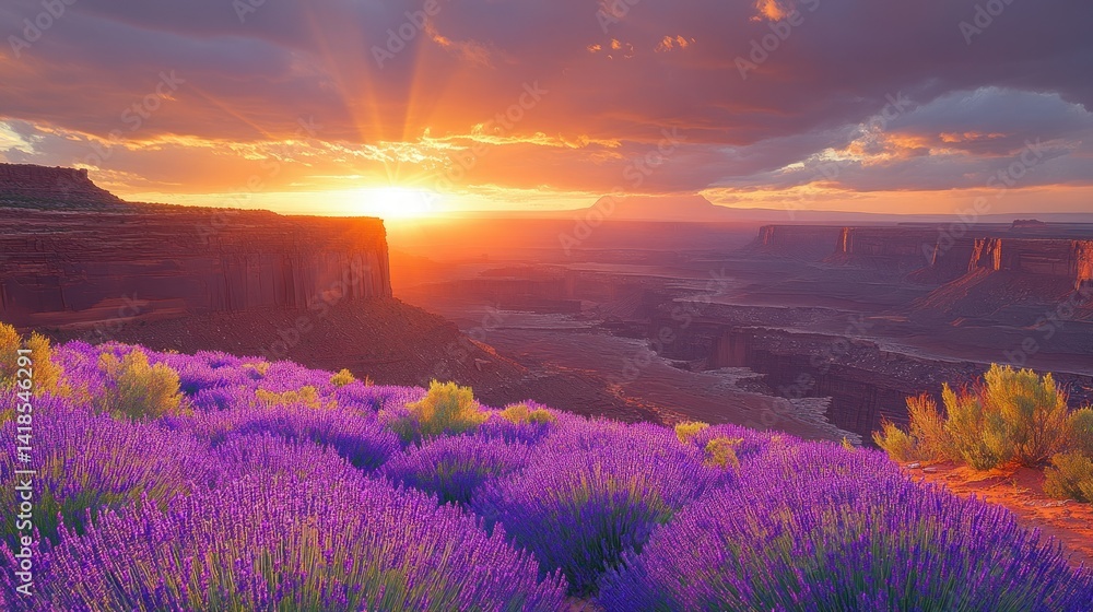 Fototapeta premium Sunset over lavender field, canyon