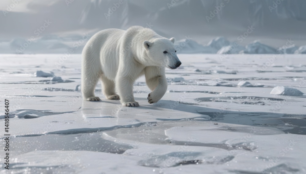 A ghostly white polar bear hunts on a vast, cracked ice sheet , survival, arctic wildlife A ghostly white polar bear hunts on a vast, cracked ice sheet , survival, arctic wildlife
