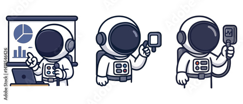 Cartoon astronauts presenting data and using thermometer set with laptop and temperature check. Flat vector illustration