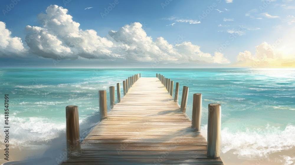 Fototapeta premium Serene Wooden Pier Overlooking Calm Ocean Under Blue Sky