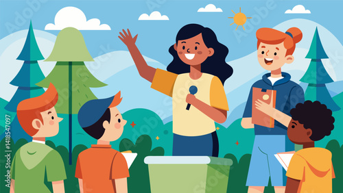 A group of campers engaged in a lively debate honing their public speaking and critical thinking skills.. Vector illustration
