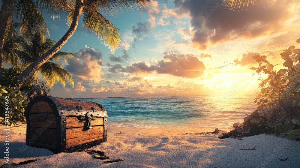 Obraz premium An Old Treasure Chest on a Beach Near the Ocean