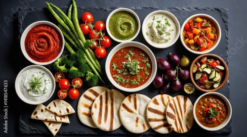 Wallpaper Mural A colorful assortment of Mediterranean dishes and fresh vegetables is artfully arranged on a dark slate board, showcasing vibrant textures and flavors Torontodigital.ca