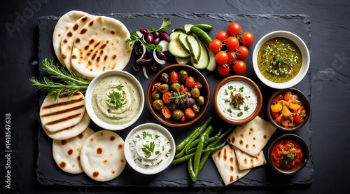 Wallpaper Mural A colorful assortment of Mediterranean dishes and fresh vegetables is artfully arranged on a dark slate board, showcasing vibrant textures and flavors Torontodigital.ca