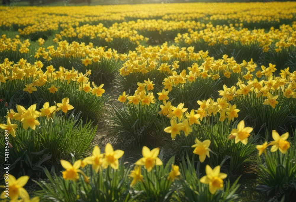 Sunlit daffodils burst forth in a vibrant yellow, creating a sea of color against a lush green field , sun, joyful Sunlit daffodils burst forth in a vibrant yellow, creating a sea of color against a lush green field , sun, joyful