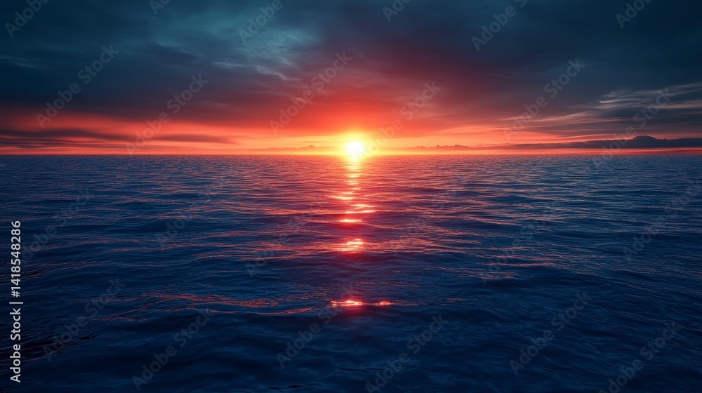 Fototapeta premium Serene Sunset Over Calm Ocean Waters with Dramatic Sky Colors