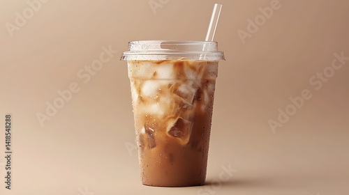 A transparent iced coffee drink with a lid and straw.