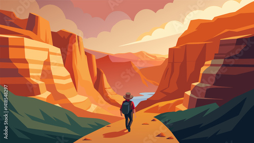 Immerse yourself in the rugged beauty of a canyon as your virtual guide leads you on a thrilling hike through its rocky twists and turns.. Vector illustration