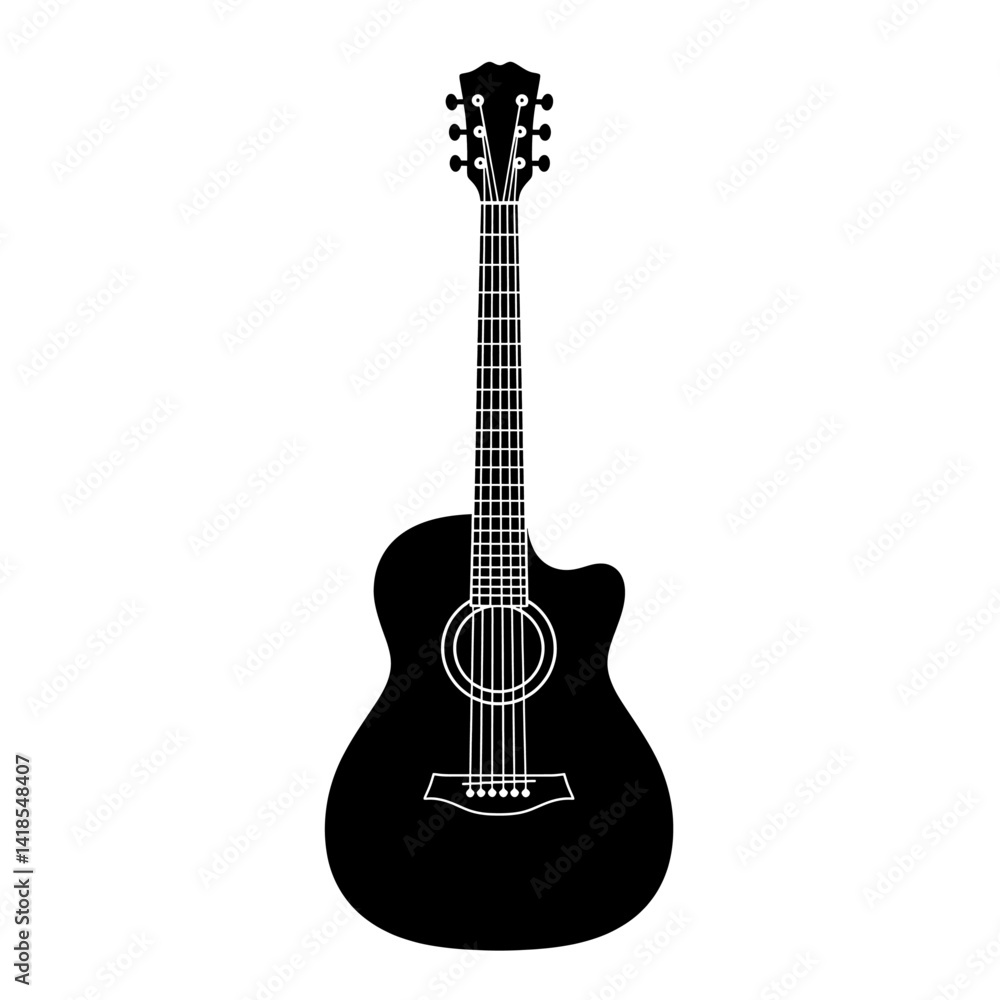 Obraz premium Acoustic Guitar Icon in Black Silhouette Vector Style with Neck, Sound Hole and Six Strings on White Background