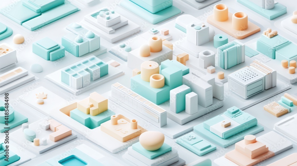 Abstract pastel city model, isometric view, digital illustration, background texture, website banner Abstract pastel city model, isometric view, digital illustration, background texture, website banner
