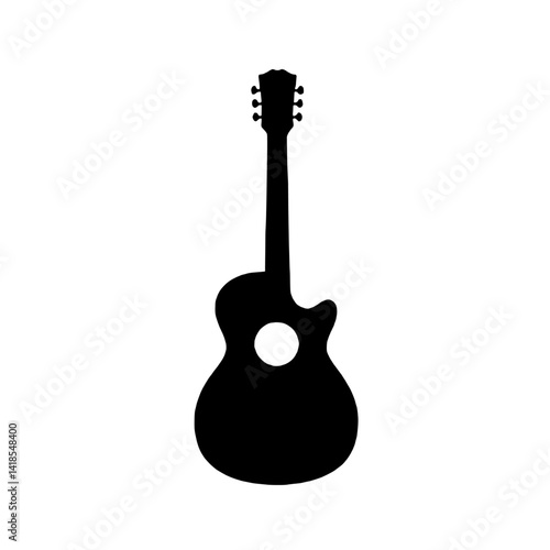 Flat Vector Icon of Guitar in Black Silhouette with Simple Acoustic Shape 