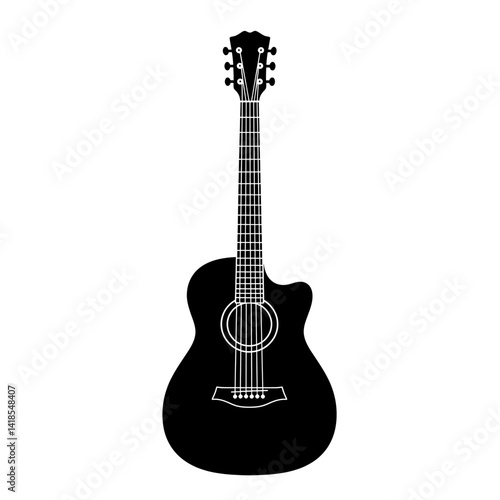 Acoustic Guitar Icon in Black Silhouette Vector Style with Neck, Sound Hole and Six Strings on White Background