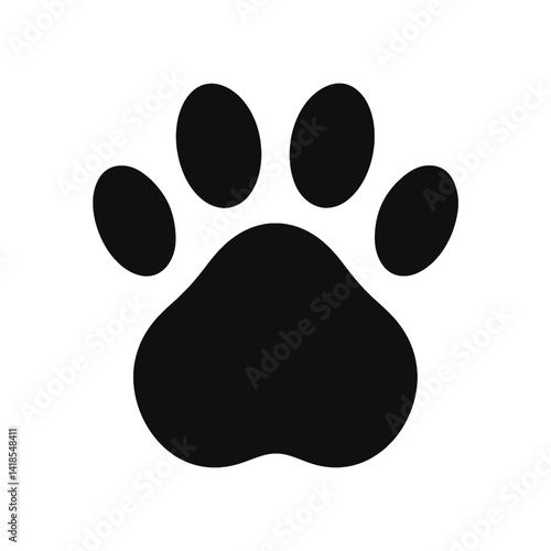 Animal Paw Print Icon in Flat Black Silhouette Vector Style with Four Rounded Toes and Center Pad on White Background