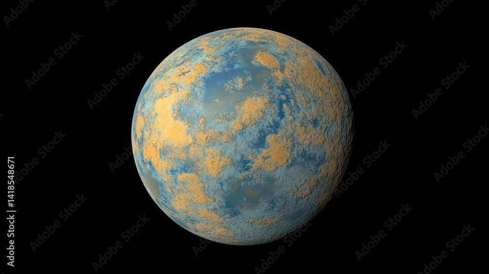 Naklejka premium Blue-gold alien planet, space background, digital rendering, science fiction illustration