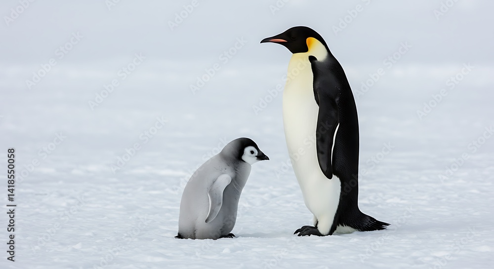 Fototapeta premium Penguin Adult and Chick on Ice