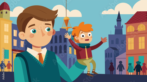 A child holding a handmade puppet enraptured by the puppeteers performance in a bustling city square.. Vector illustration