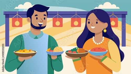 A couple holding plates of fragrant curries eagerly trying to decide which one to taste first at the Indian food stall.. Vector illustration
