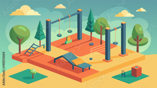 Get your heart pumping in a virtual park featuring a range of modern calisthenics equipment all made to feel like the real thing.. Vector illustration