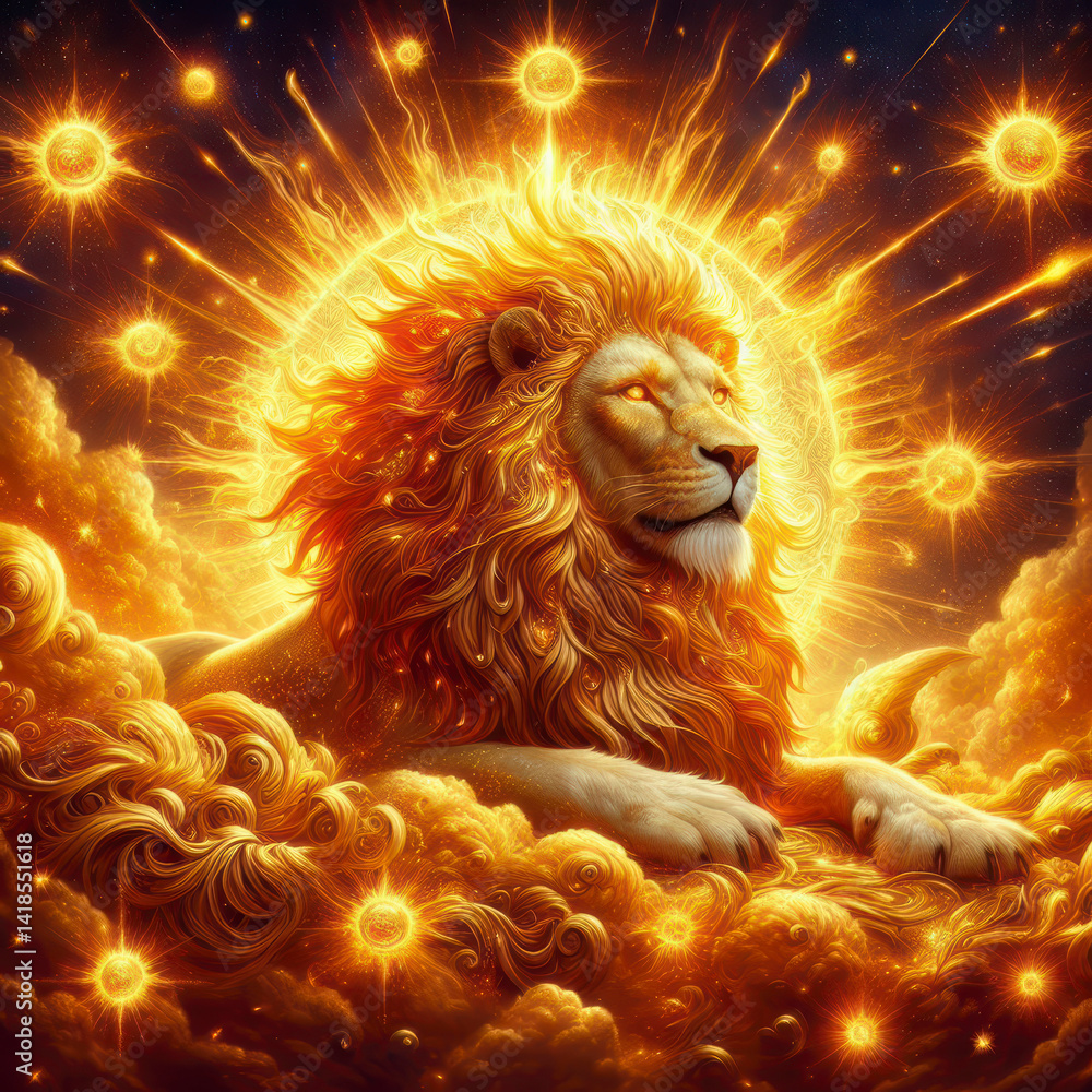 Naklejka premium Majestic Solar Lion: Celestial Fantasy Art, Mythical Creature, Golden Mane, Power, Energy, Spiritual, Divine, Cosmic, Mystical, Zodiac, Leo, Sun God, Fiery Clouds, Starry Night