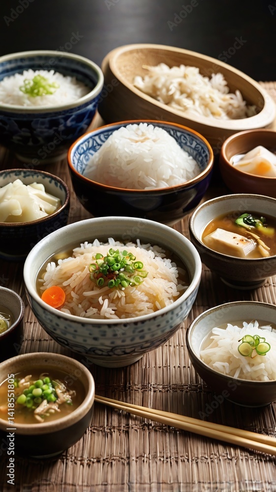 Rice and miso soup and other side dishes to go with rice Rice and miso soup and other side dishes to go with rice