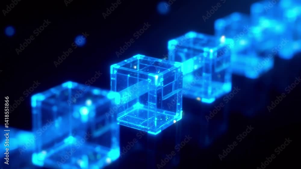 Futuristic glowing blue cubes arranged in a line against a dark background, creating a tech-inspired ambiance Futuristic glowing blue cubes arranged in a line against a dark background, creating a tech-inspired ambiance
