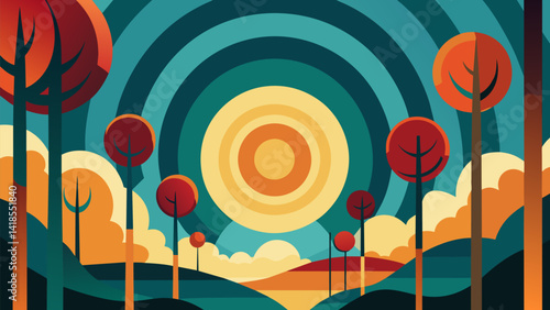 A series of abstract paintings featuring bold lines and circular shapes that evoke the melodic sounds of a peaceful forest.. Vector illustration