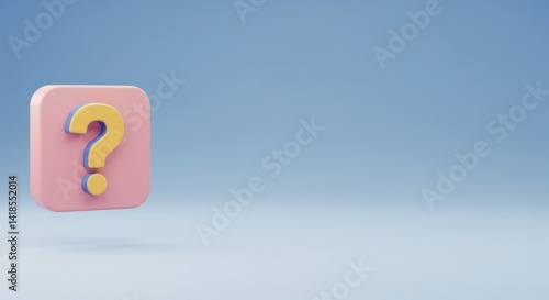 3D Render of a Question Mark Icon on Pink Square Against a Light Blue Background:  A Visual Representation of Inquiry and Uncertainty