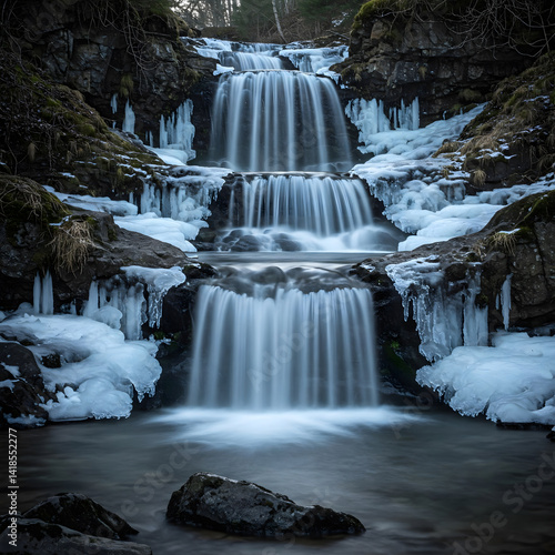 Icy cascade flows down rocky terrain, creating a serene winter scene with frozen edges and blurred motion