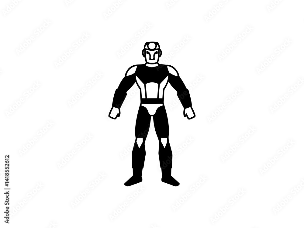 A bold, black and white illustration of a cartoon superhero.